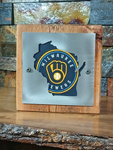 Handcrafted Milwaukee Brewers sign featuring an MLB-licensed fabric insert, hand-burnished raw steel overlay and roughhewn Western Red Cedar backing by ForgeWood Studios.