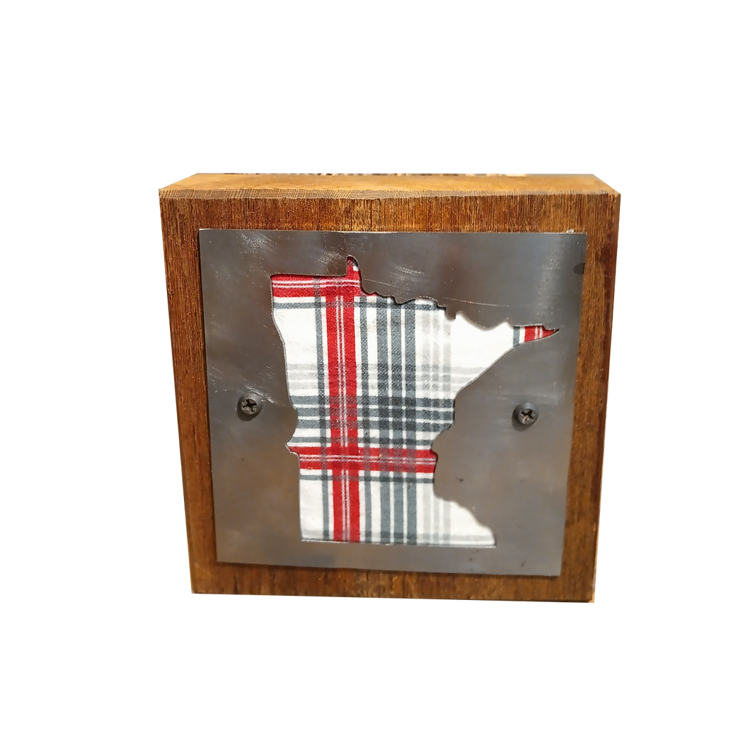 Minnesota White, Gray, and Red Plaid Wood and Metal Sign