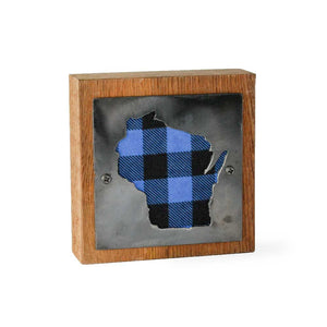 Wisconsin Blue Buffalo Plaid Rustic Wood & Metal Small Home Decor Sign