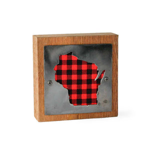 Wisconsin Red Buffalo Plaid Rustic Wood & Metal Small Home Decor Sign
